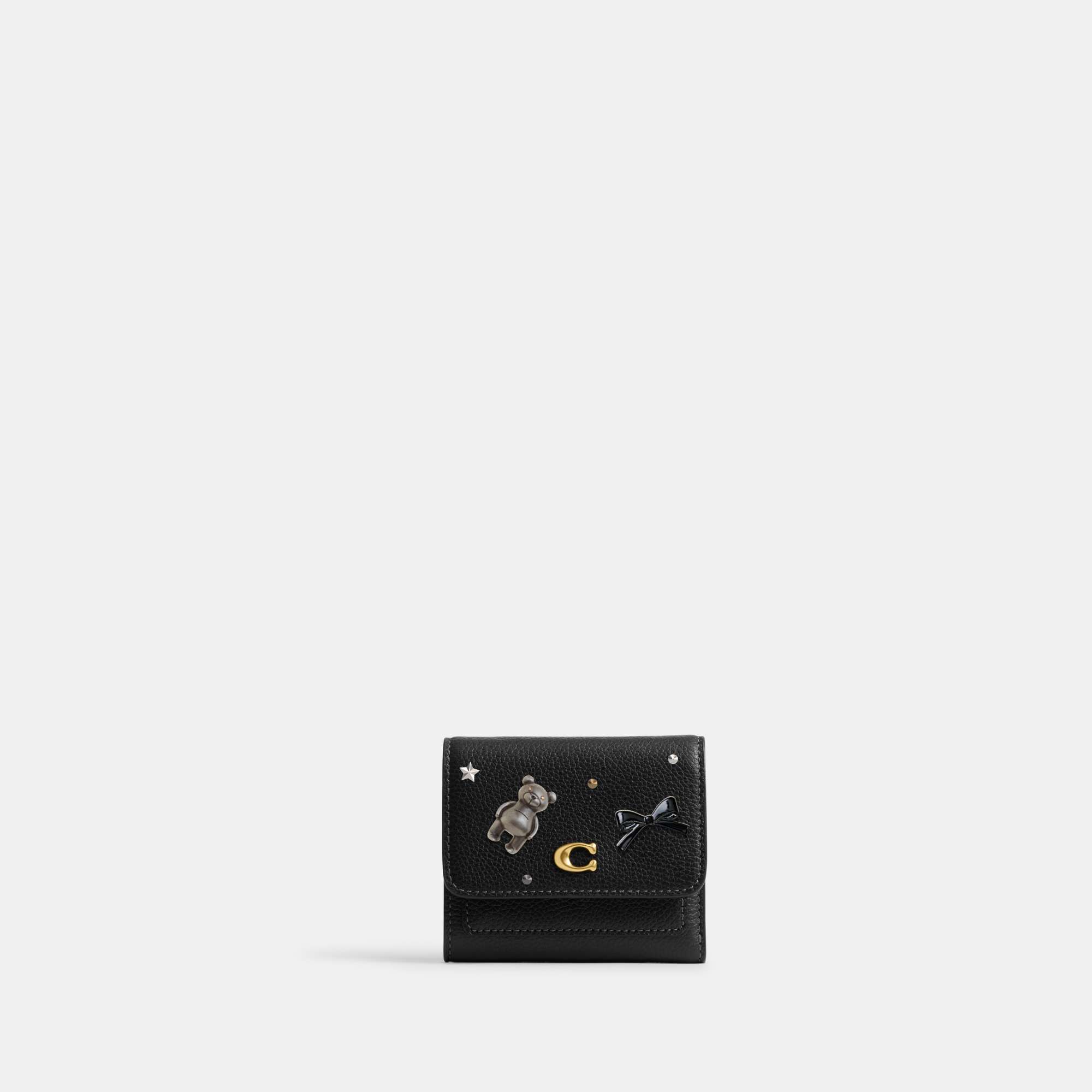 COACH®,Mila Small Flap Wallet,Leather,Tri Fold,Logo,Metal,Casual,Black,Front View
